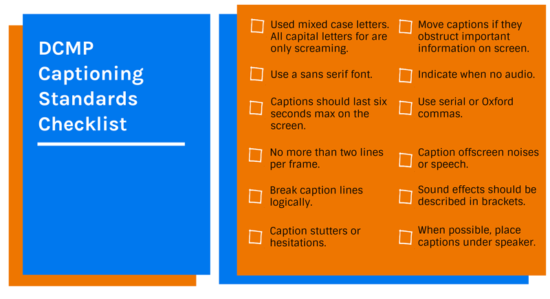 Checklist of Closed Captioning Standards by the DMCP. Details location, font, timing, and content.