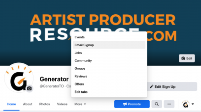 Screenshot of Generator's Facebook page with a pop up edit menu. %22Email Sign-up%22 is highlighted.