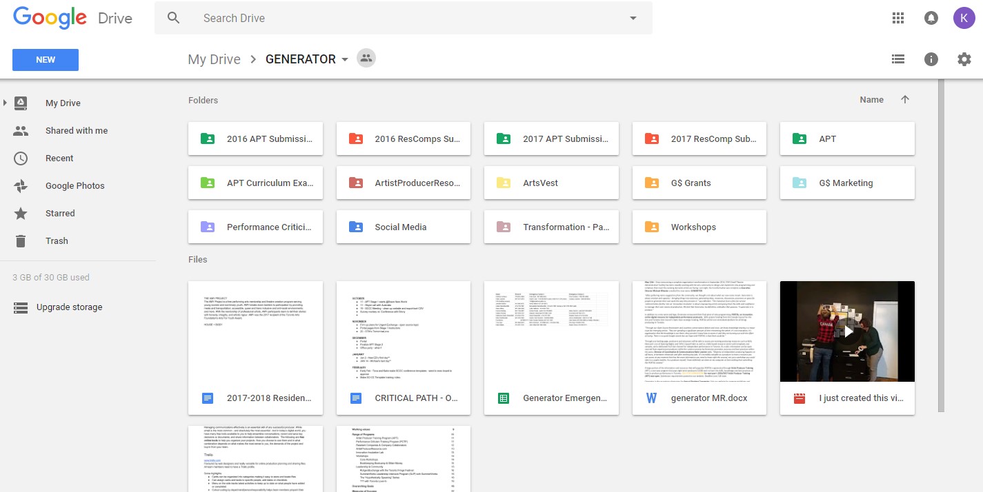 Screengrab of a Google Drive homepage, showing navigation menu on the left side and folders and files in the centre section