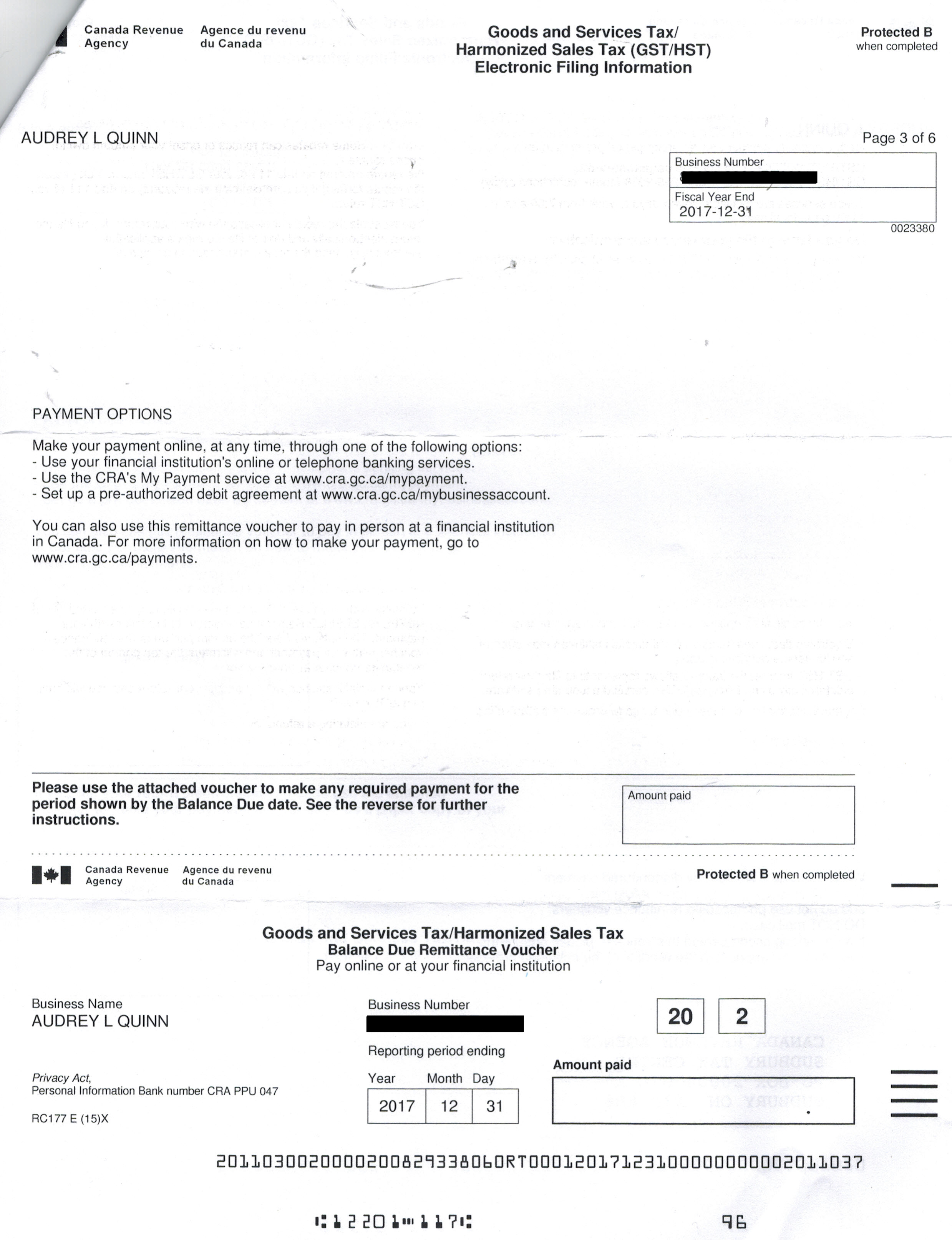 A redacted remittance slip showing payment options from the CRA