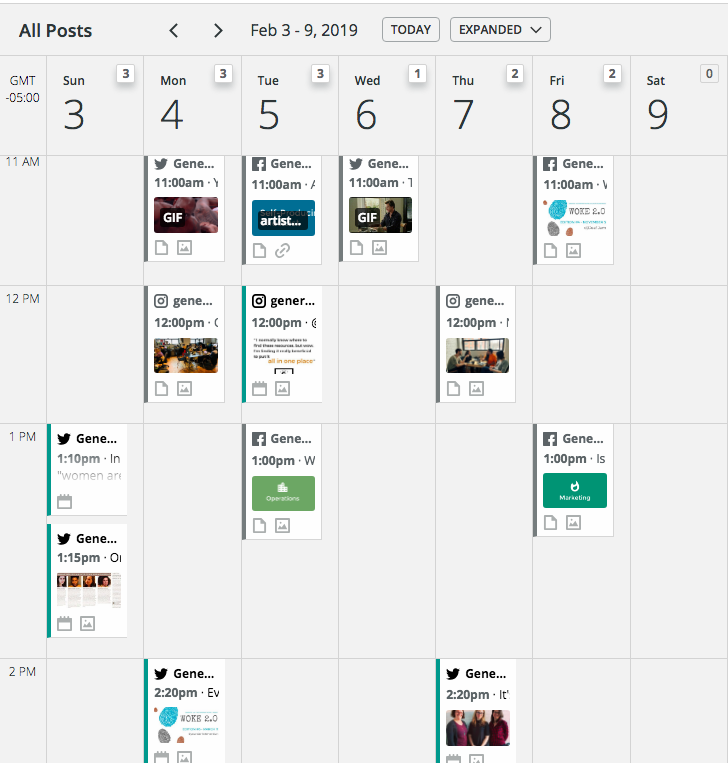A screengrab of Generator's Hootsuite Planner, showing a week's worth of different content programmed to go out on different days across various platforms
